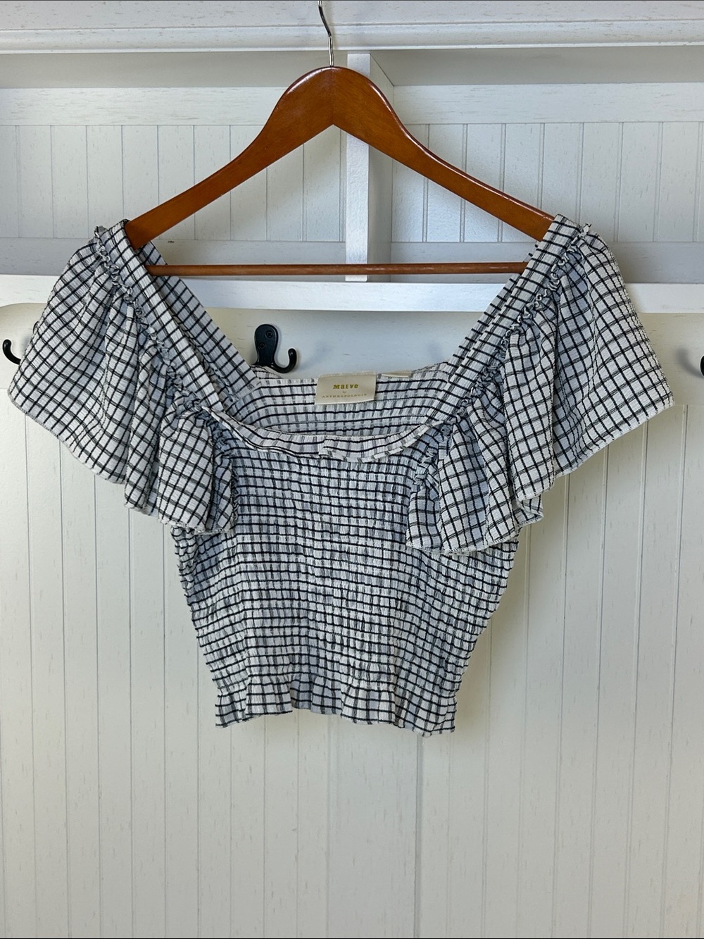 Maeve Anthropologie Smocked Plaid Ruffle Crop Top Size S